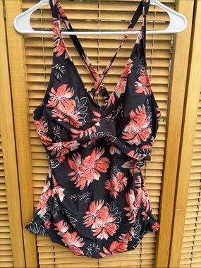 Floral One-Piece Swimsuit in Black and Coral